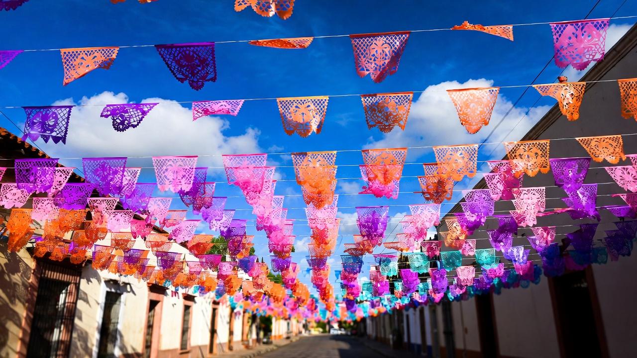 Colorful paper streamers decorating a street light in Oaxaca