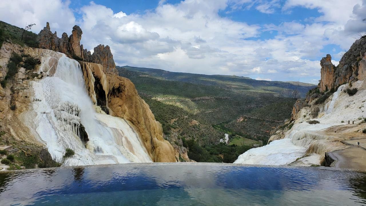 Natural mineral formations at Hierve el Agua overlooking the Oaxaca Valley