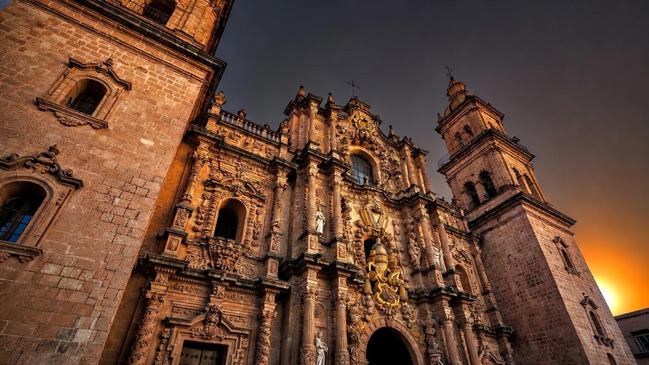 Baroque church with twin towers and dome against a clear sky