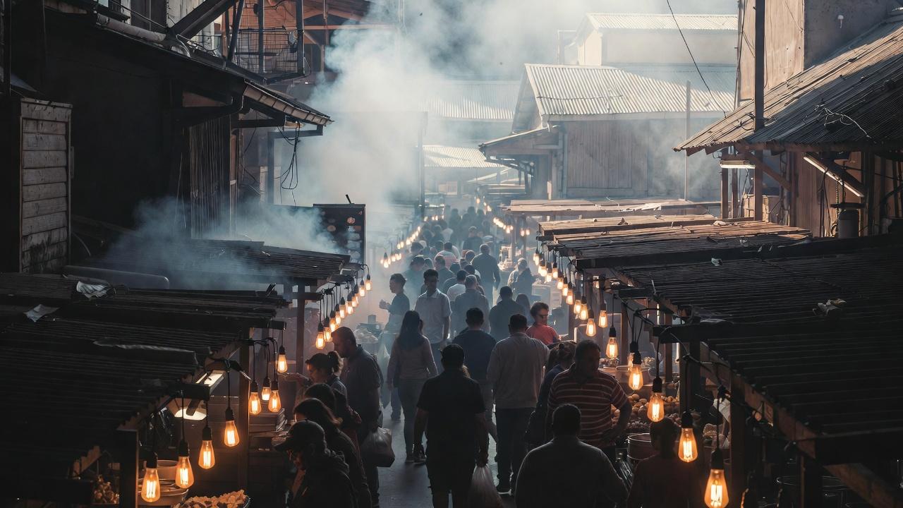 Bustling scene at an Oaxacan market with vendors and colorful goods