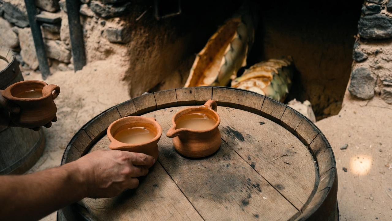 A bottle of artisanal mezcal sitting on a bed of gravel