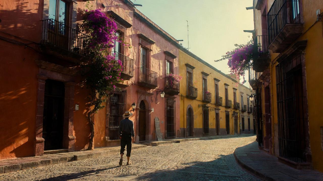 A man walking down a sunlit Oaxaca street lined with colonial buildings