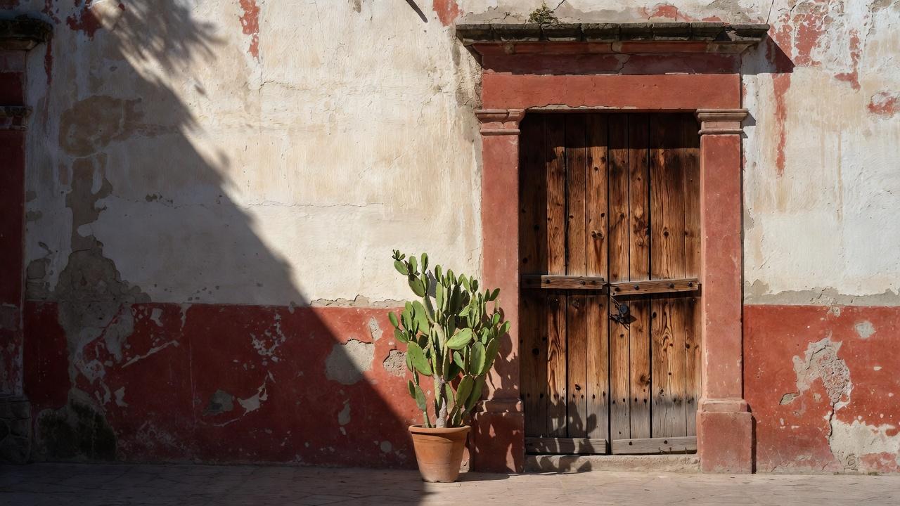 Red and white painted wall in the streets of Oaxaca de Juárez